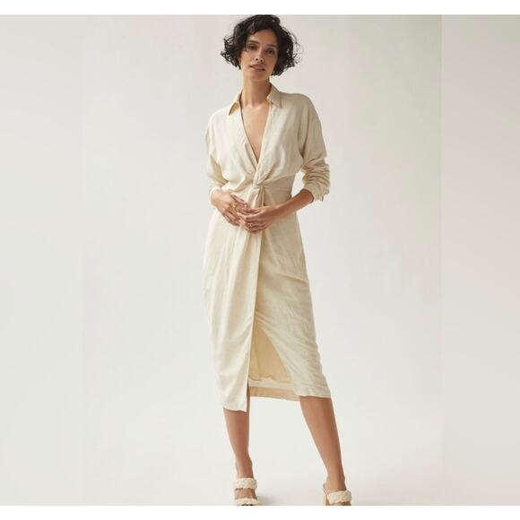 By Anthropologie V-Neck Knot Front Linen Midi Dress 6P Cream Minimalist Neutral - Picture 1 of 13
